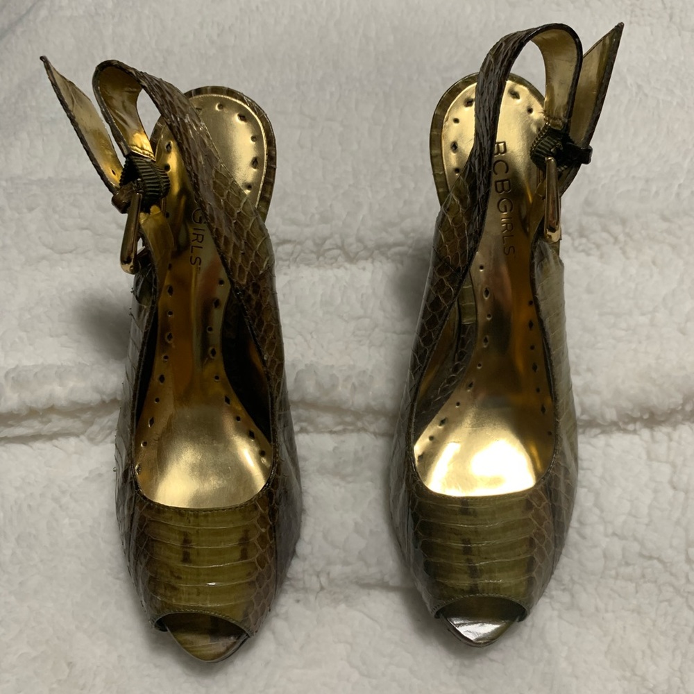 BCBGirls Green Snakeskin embossed sling backs